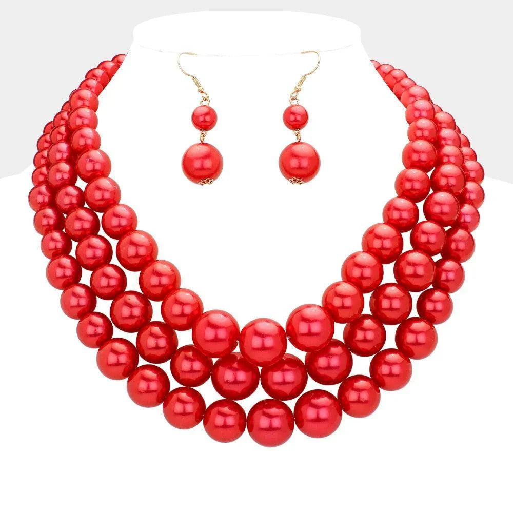 Red 3Row Strand Pearl Necklace - Jewelry Store by Erik Rayo