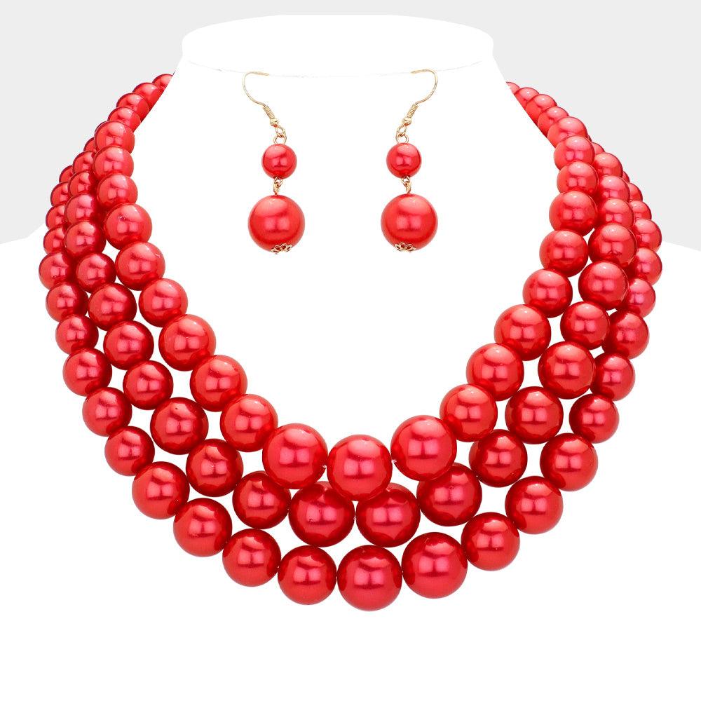 Red 3Row Strand Pearl Necklace