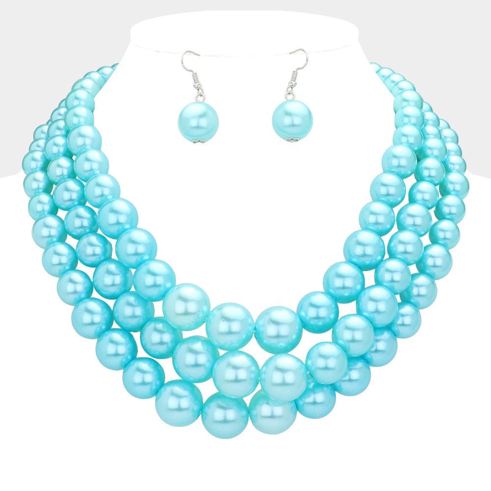 Turquoise 3Row Strand Pearl Necklace