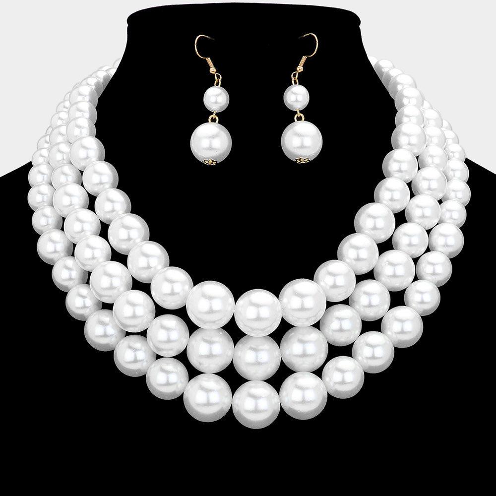 White 3Row Strand Pearl Necklace