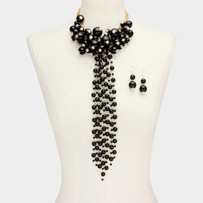 Gold Pearl Cluster Vine Fringe Bib Necklace