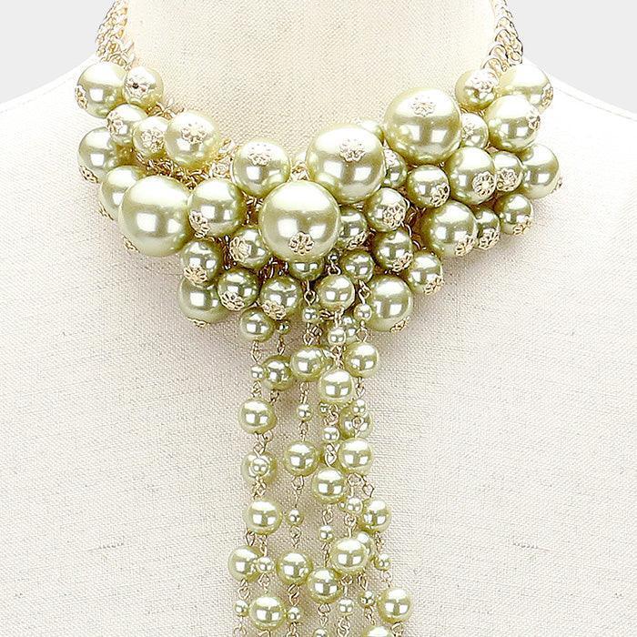 Green Pearl Cluster Vine Fringe Bib Necklace - Jewelry Store by Erik Rayo