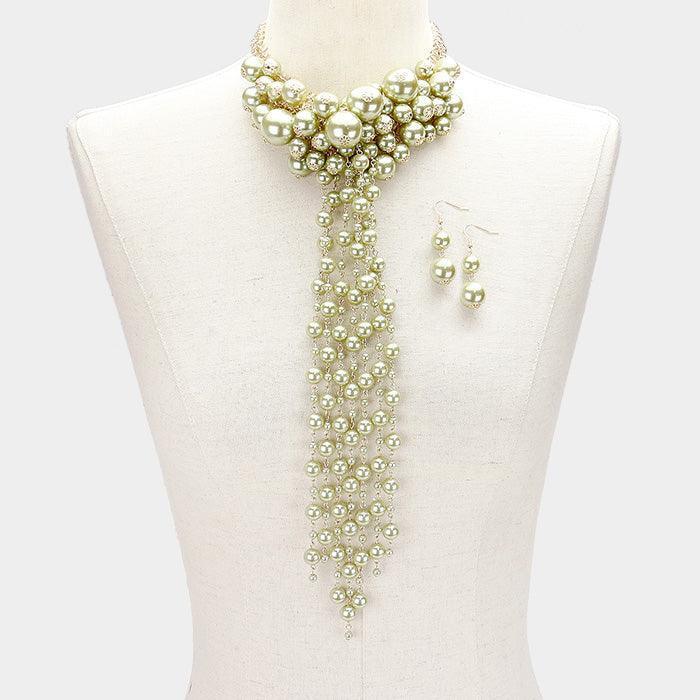 Green Pearl Cluster Vine Fringe Bib Necklace - Jewelry Store by Erik Rayo