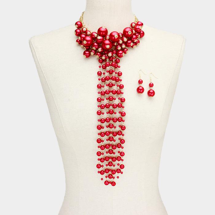 Red Pearl Cluster Vine Fringe Bib Necklace