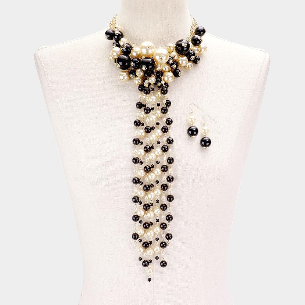 Cream Pearl Cluster Vine Fringe Bib Necklace