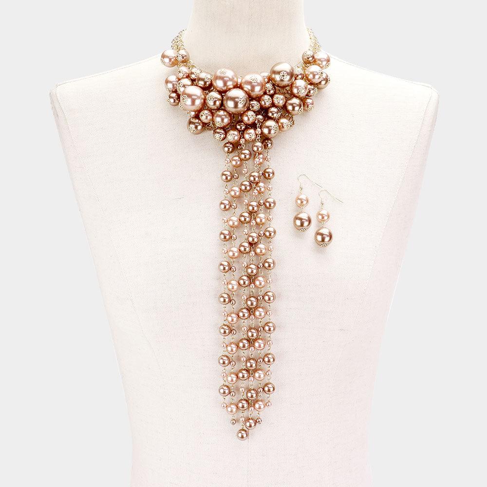 Brown Pearl Cluster Vine Fringe Bib Necklace