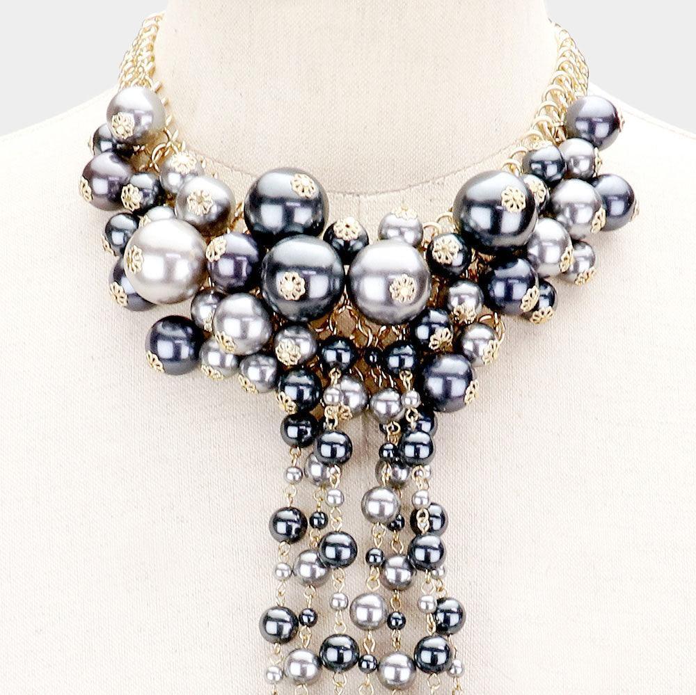 Gray Pearl Cluster Vine Fringe Bib Necklace - Jewelry Store by Erik Rayo