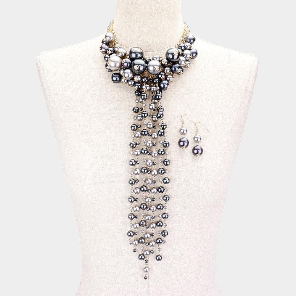 Gray Pearl Cluster Vine Fringe Bib Necklace - Jewelry Store by Erik Rayo