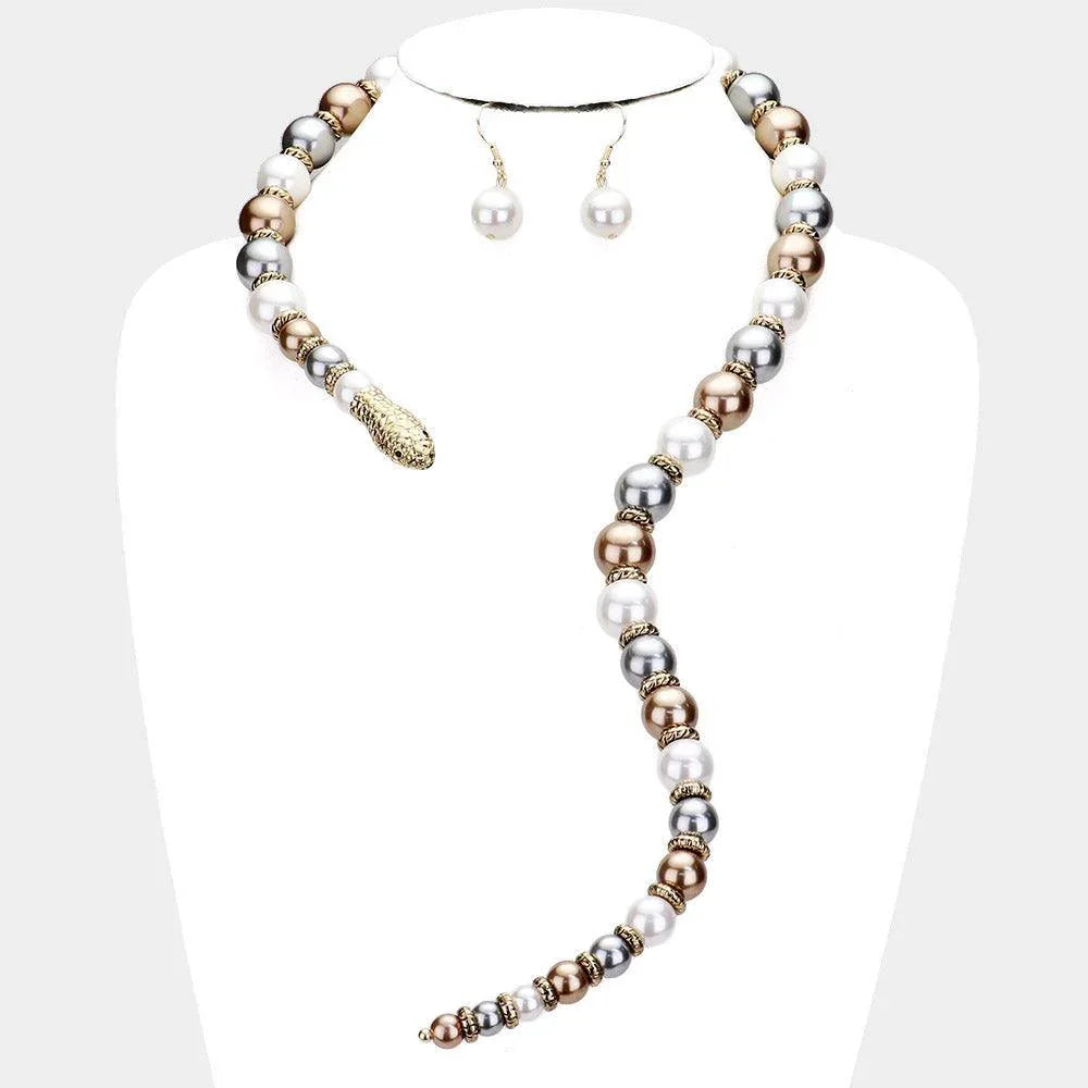 Gray Pearl Beaded Snake Open Necklace - Jewelry Store by Erik Rayo