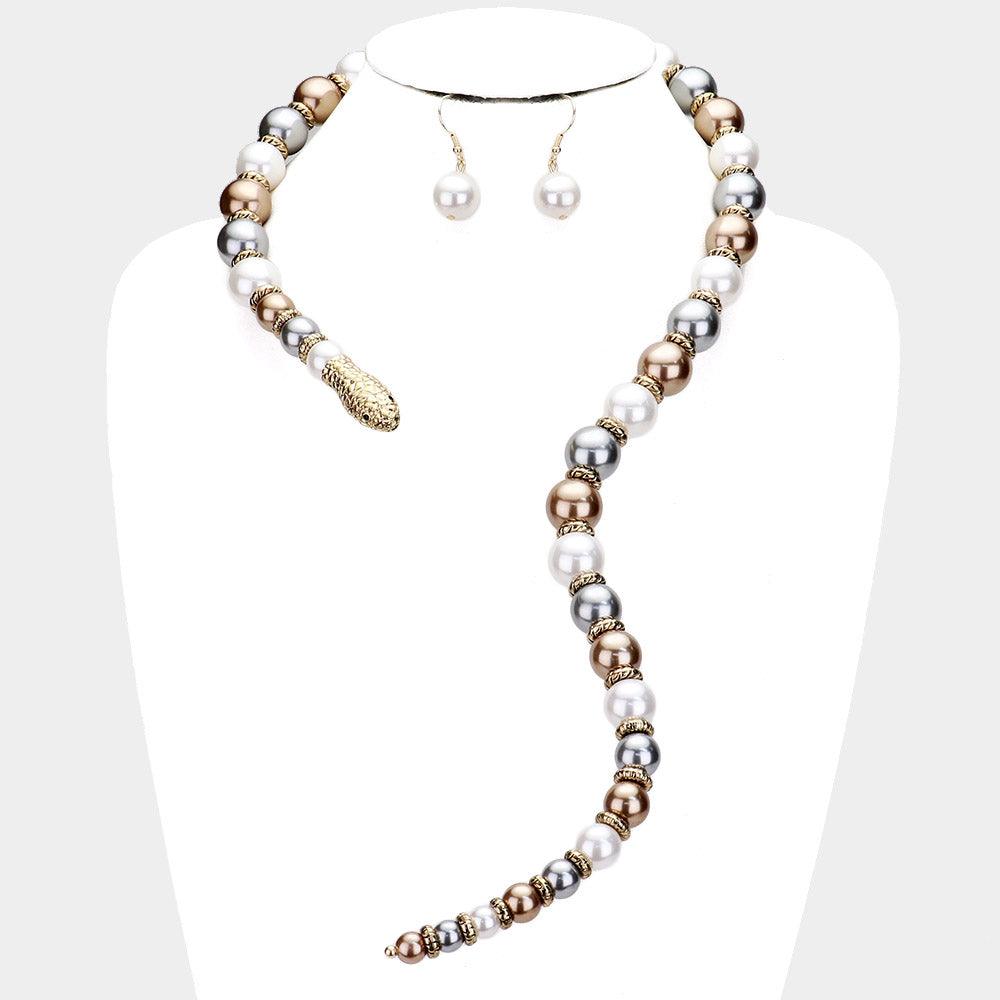 Gray Pearl Beaded Snake Open Necklace