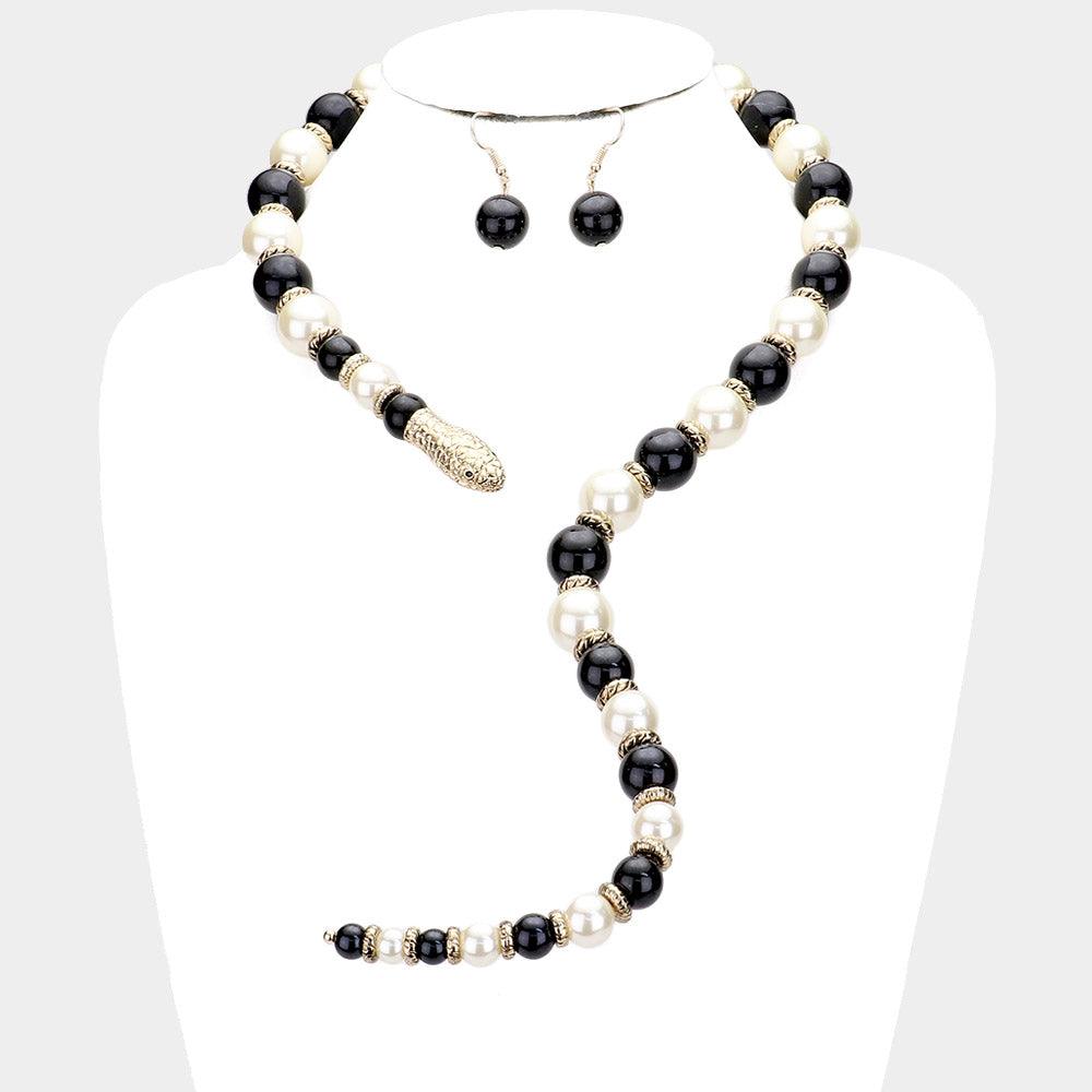 Cream Pearl Beaded Snake Open Necklace