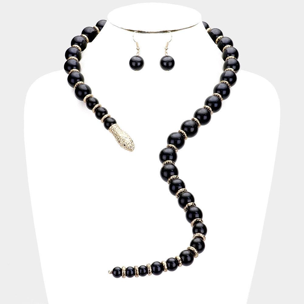 Gold Pearl Beaded Snake Open Necklace