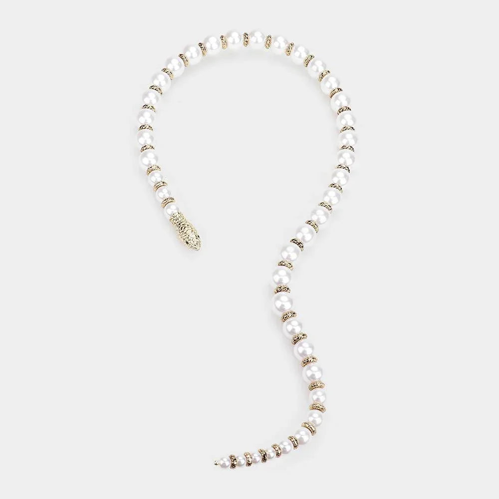 White Pearl Beaded Snake Open Necklace - Jewelry Store by Erik Rayo