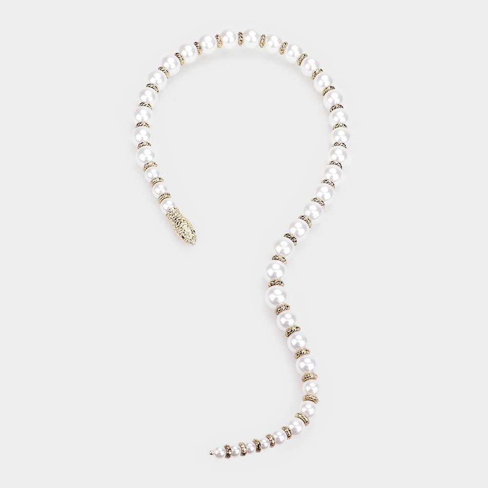 White Pearl Beaded Snake Open Necklace