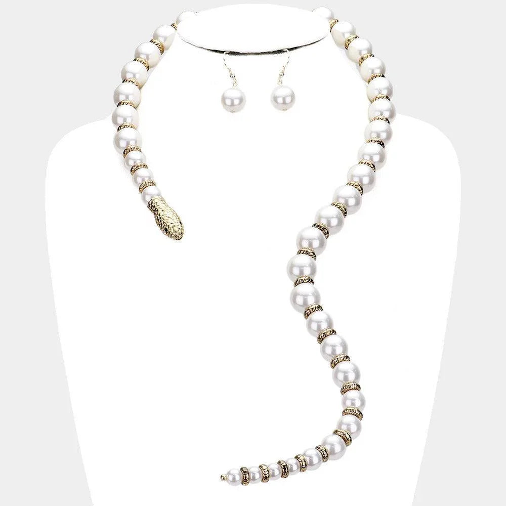 White Pearl Beaded Snake Open Necklace - Jewelry Store by Erik Rayo