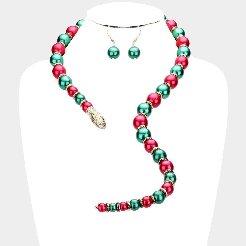 Red Pearl Beaded Snake Open Necklace - Jewelry Store by Erik Rayo