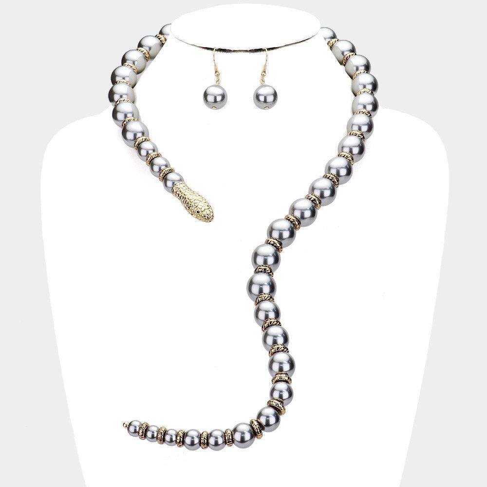 Gray Pearl Beaded Snake Open Necklace - Jewelry Store by Erik Rayo