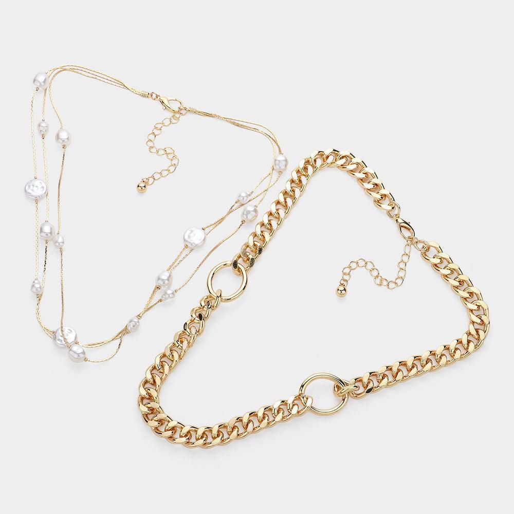 Gold 2PCS - Freshwater Pearl Station Open Metal Oval Accented Chain Link Necklaces - Jewelry Store by Erik Rayo