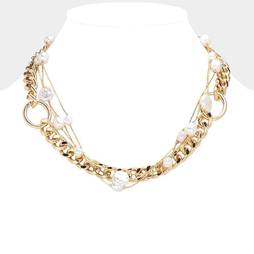 Gold 2PCS - Freshwater Pearl Station Open Metal Oval Accented Chain Link Necklaces - Jewelry Store by Erik Rayo
