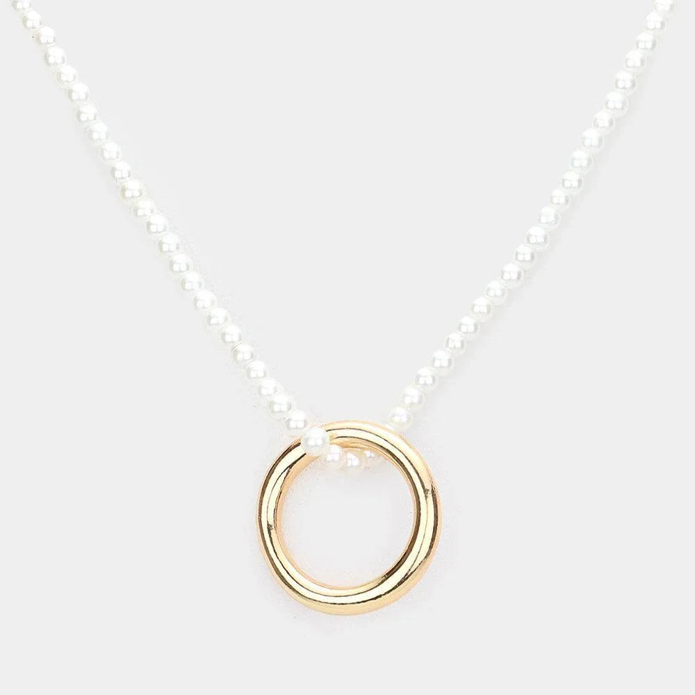 Cream Open Metal Circle Pendant Pearl Necklace - Jewelry Store by Erik Rayo