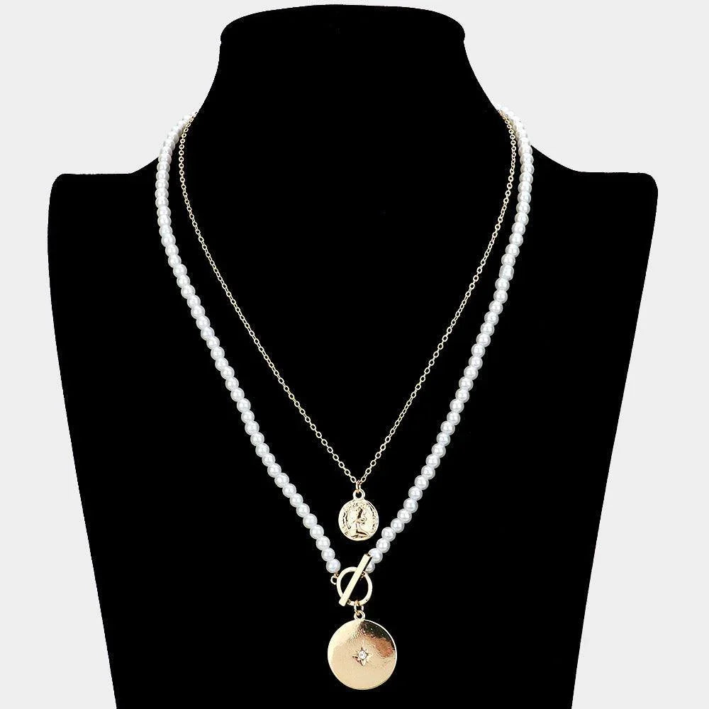 Cream Metal Coin North Star Accented Disc Pendant Double Layered Pearl Necklace - Jewelry Store by Erik Rayo