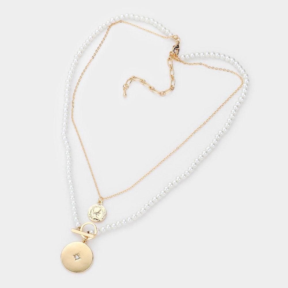 Cream Metal Coin North Star Accented Disc Pendant Double Layered Pearl Necklace - Jewelry Store by Erik Rayo