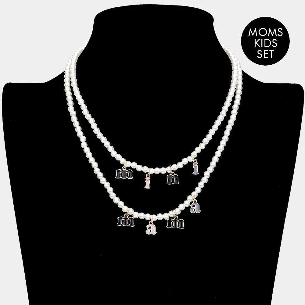 Black 2PCS -mini mama Pendant Moms and Kids Set Pearl Necklaces