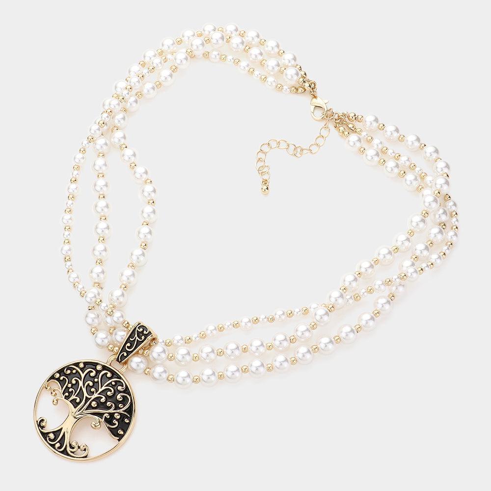 Gold Metal Tree of Life Pendant Pearl Necklace - Jewelry Store by Erik Rayo