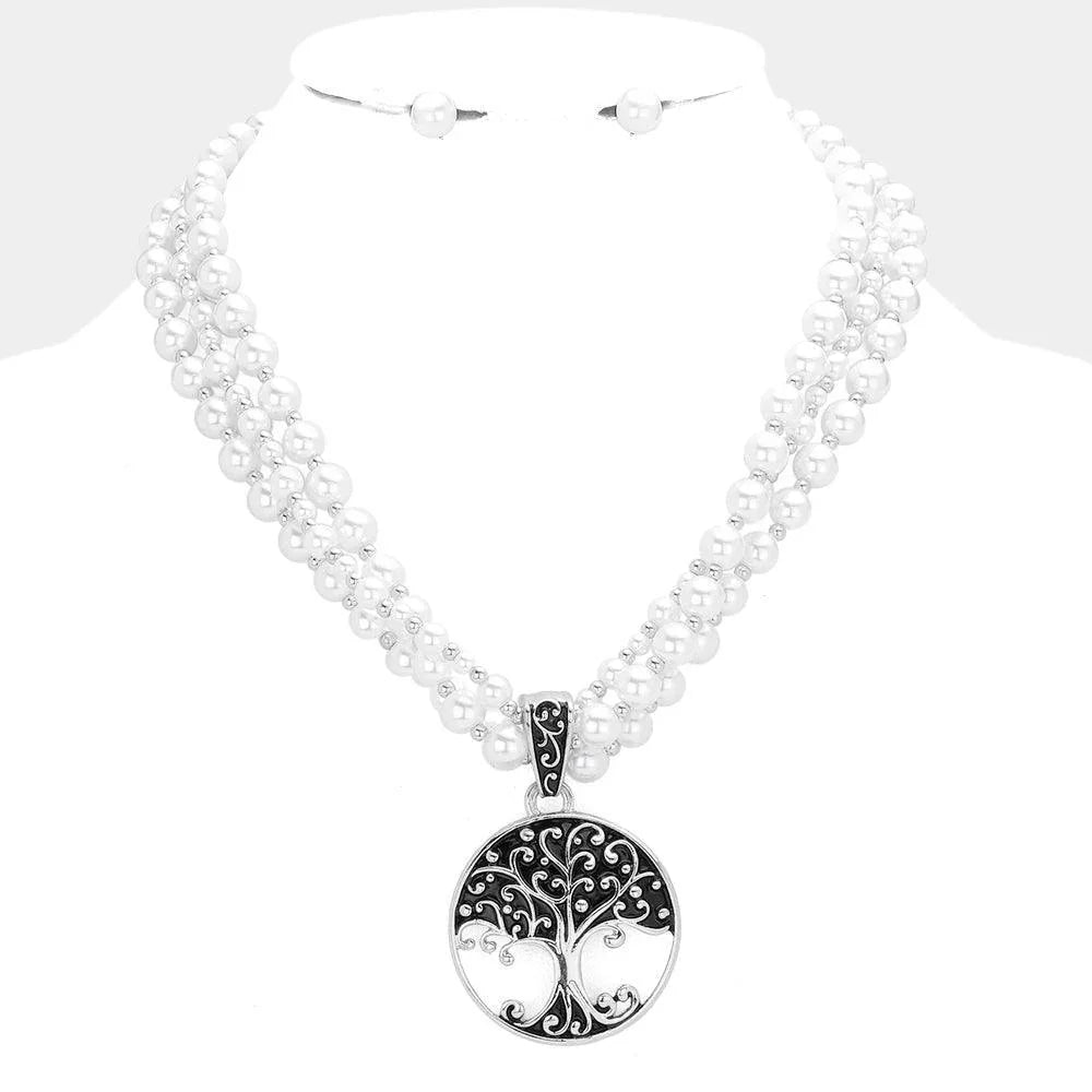 Silver Metal Tree of Life Pendant Pearl Necklace - Jewelry Store by Erik Rayo