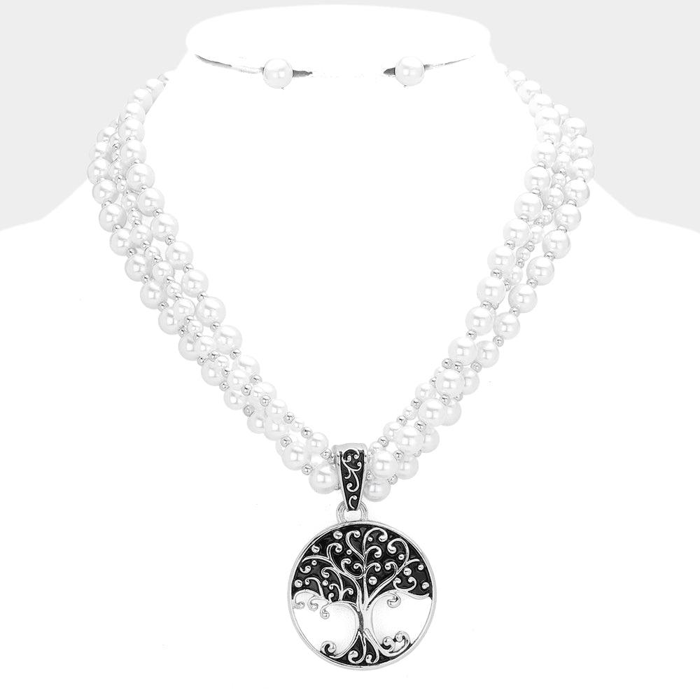 Silver Metal Tree of Life Pendant Pearl Necklace