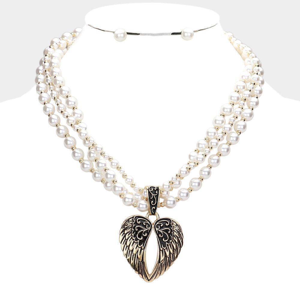 Gold Metal Wings Pendant Pearl Necklace - Jewelry Store by Erik Rayo