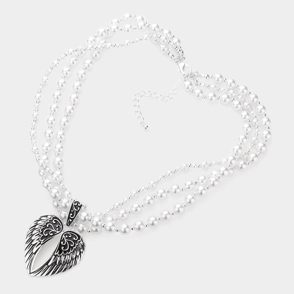 Silver Metal Wings Pendant Pearl Necklace - Jewelry Store by Erik Rayo