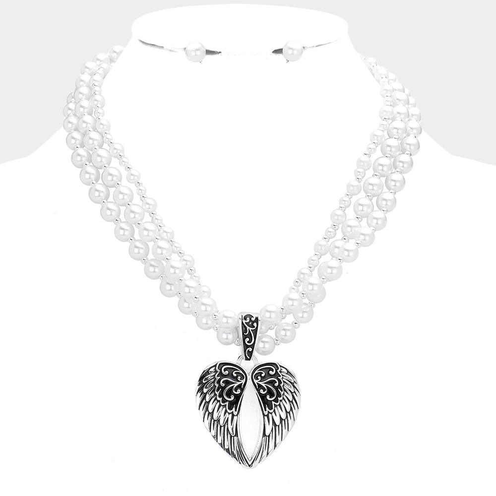 Silver Metal Wings Pendant Pearl Necklace