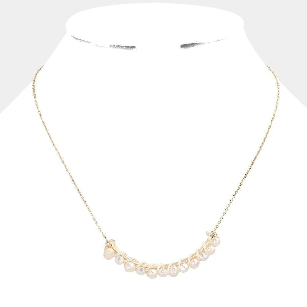 Gold Pearl Wrapped Curved Metal Necklace - Jewelry Store by Erik Rayo