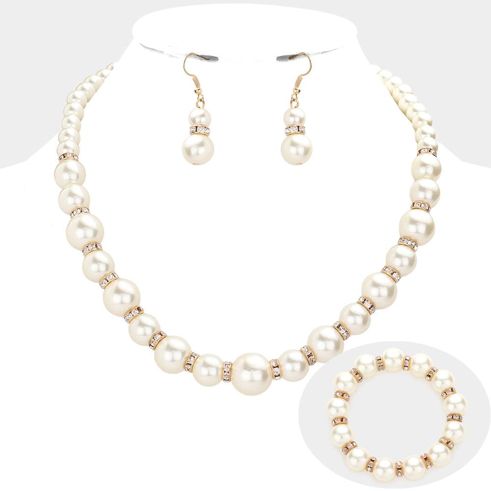 Cream Stone Ring Pearl Necklace / Stretch Bracelet Set