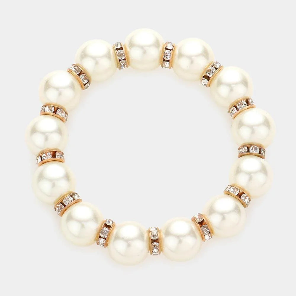 Cream Stone Ring Pearl Necklace / Stretch Bracelet Set - Jewelry Store by Erik Rayo
