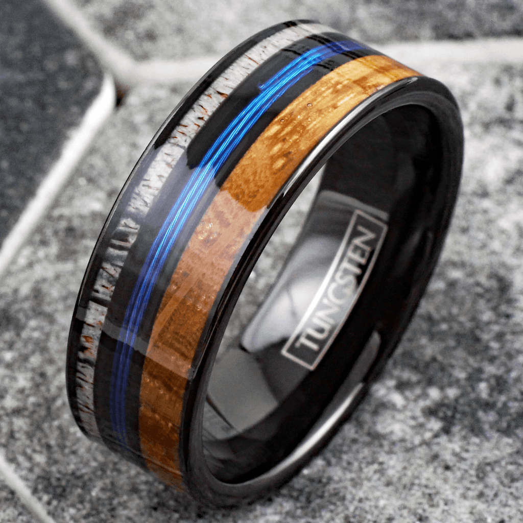 Blue Fishing Line Wedding Band Ring for Men Black Tungsten Carbide Whiskey Barrel Oak Wood and Deer Antler Inlay - Jewelry Store by Erik Rayo