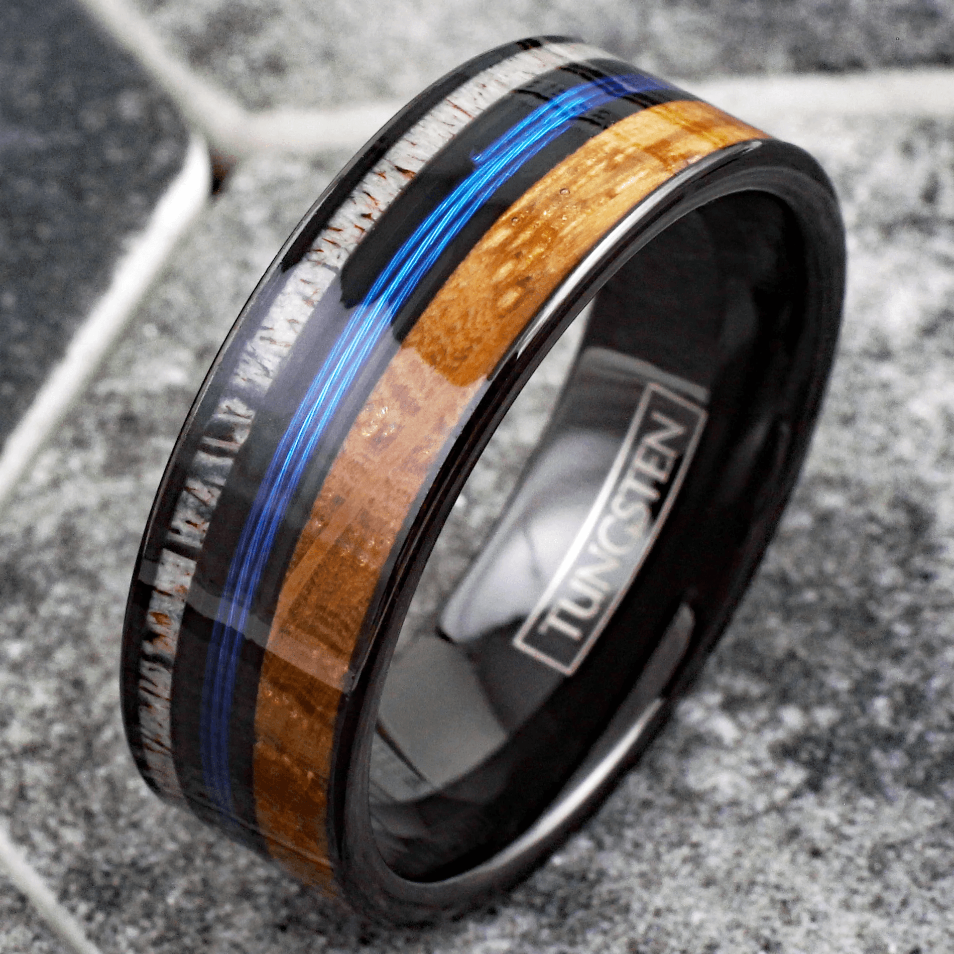 Blue Fishing Line Wedding Band Ring for Men Black Tungsten Carbide Whiskey Barrel Oak Wood and Deer Antler Inlay - Jewelry Store by Erik Rayo