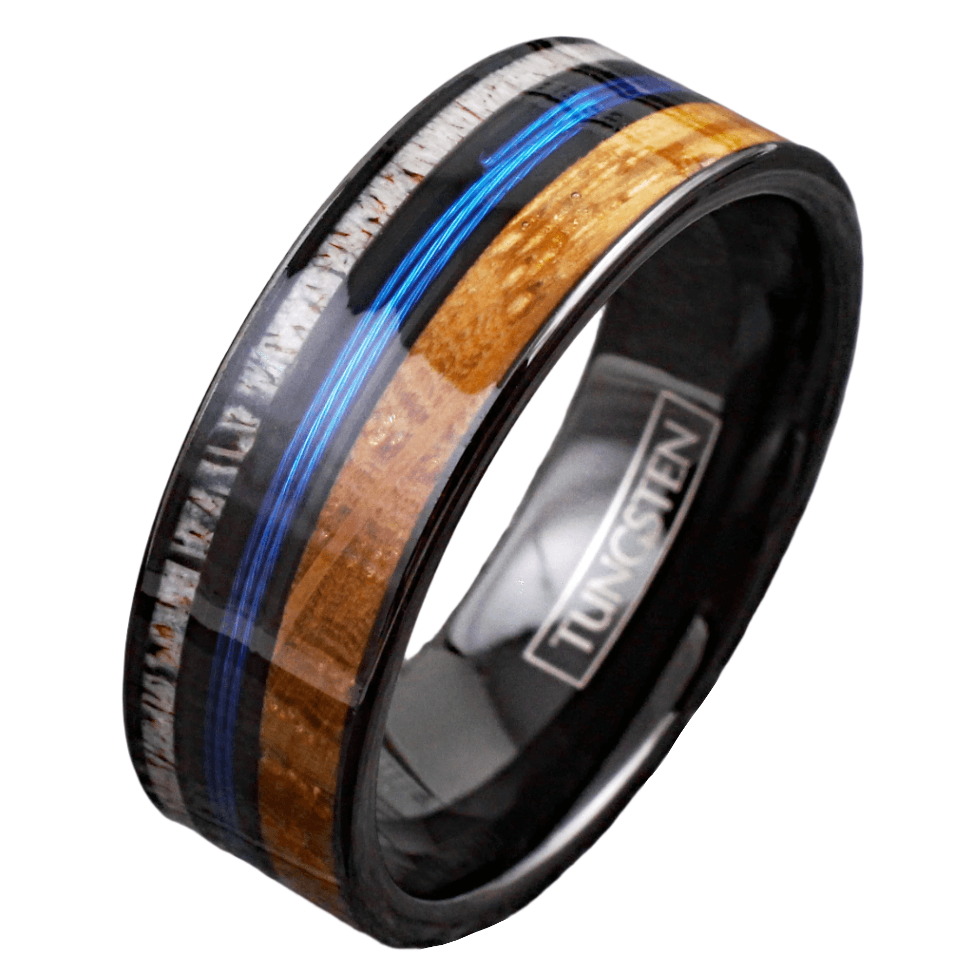 Blue Fishing Line Wedding Band Ring for Men Black Tungsten Carbide Whiskey Barrel Oak Wood and Deer Antler Inlay - Jewelry Store by Erik Rayo