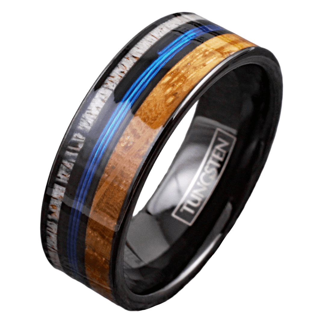Blue Fishing Line Wedding Band Ring for Men Black Tungsten Carbide  Whiskey Barrel Oak Wood and Deer Antler Inlay