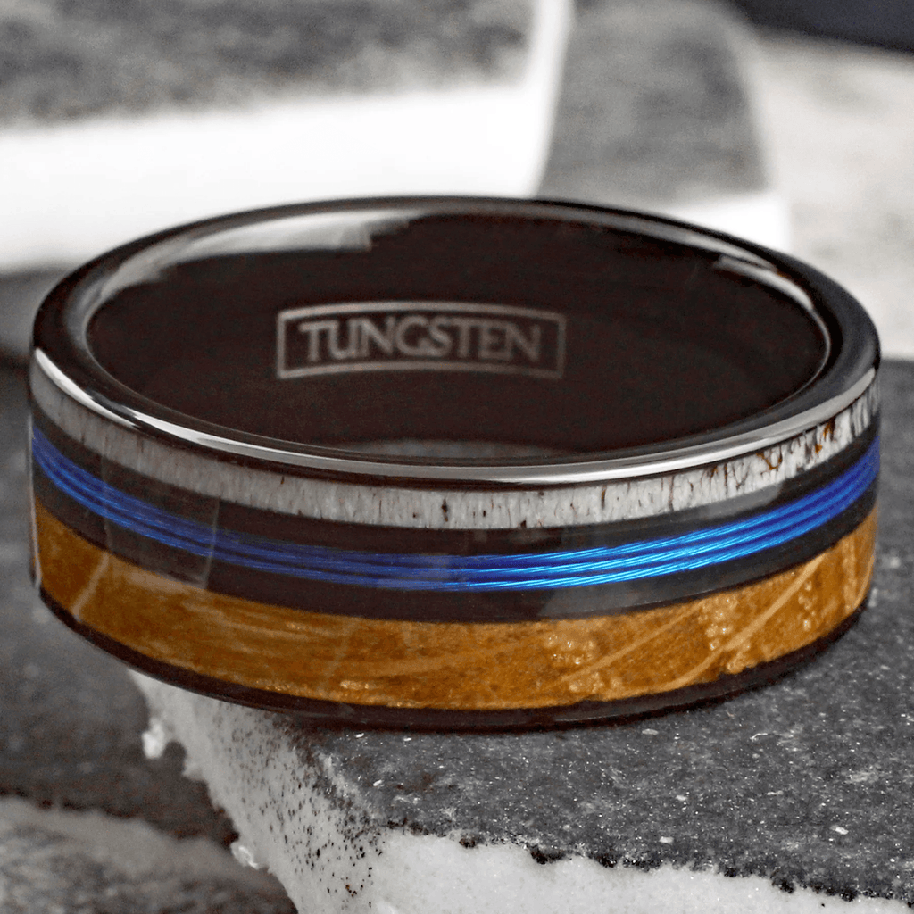 Blue Fishing Line Wedding Band Ring for Men Black Tungsten Carbide Whiskey Barrel Oak Wood and Deer Antler Inlay - Jewelry Store by Erik Rayo