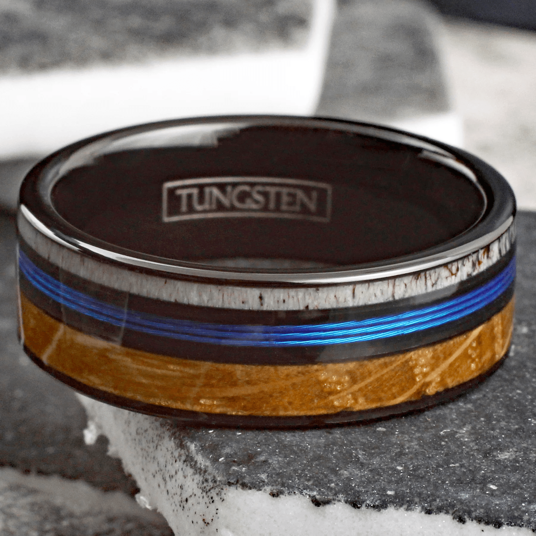 Blue Fishing Line Wedding Band Ring for Men Black Tungsten Carbide Whiskey Barrel Oak Wood and Deer Antler Inlay - Jewelry Store by Erik Rayo