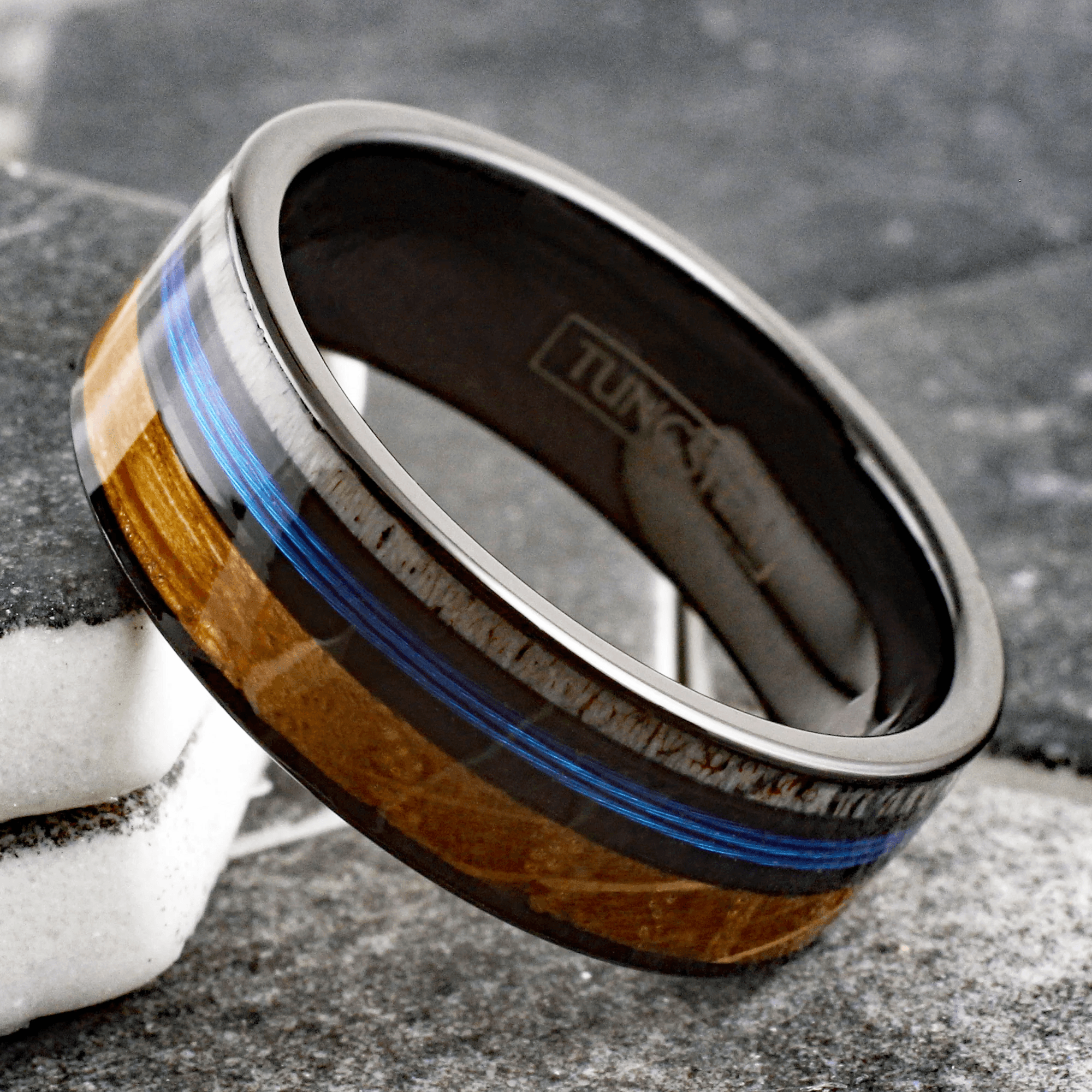 Blue Fishing Line Wedding Band Ring for Men Black Tungsten Carbide Whiskey Barrel Oak Wood and Deer Antler Inlay - Jewelry Store by Erik Rayo