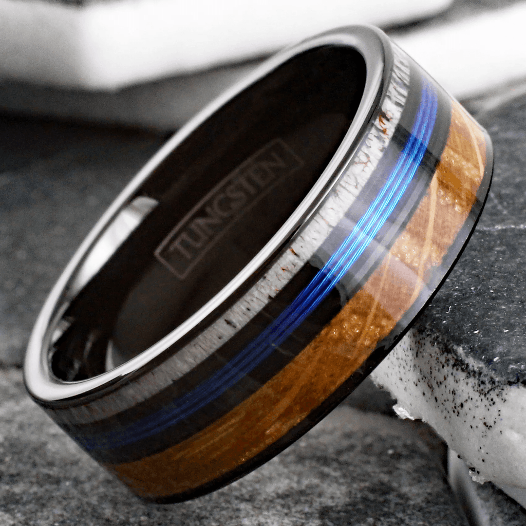 Blue Fishing Line Wedding Band Ring for Men Black Tungsten Carbide Whiskey Barrel Oak Wood and Deer Antler Inlay - Jewelry Store by Erik Rayo
