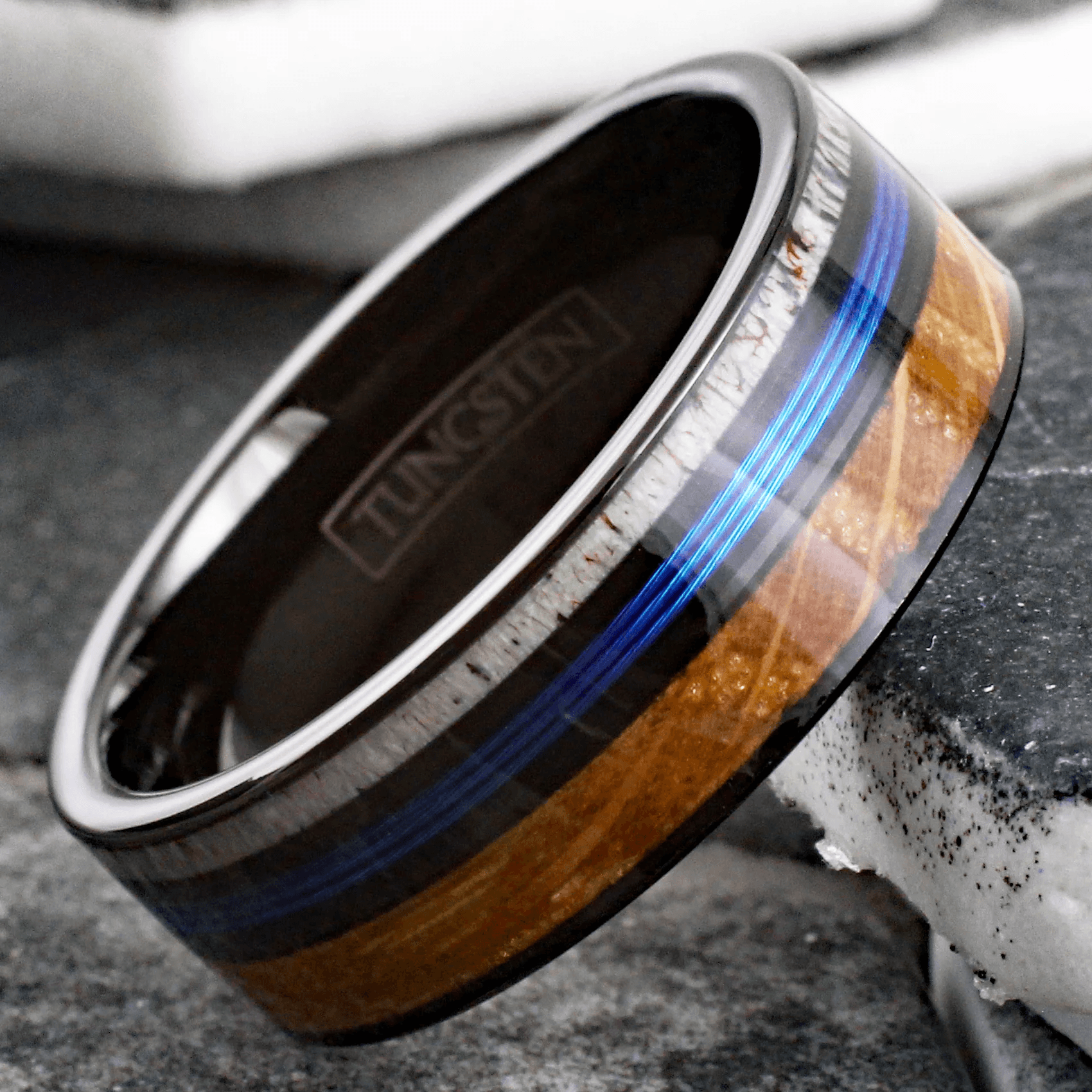 Blue Fishing Line Wedding Band Ring for Men Black Tungsten Carbide Whiskey Barrel Oak Wood and Deer Antler Inlay - Jewelry Store by Erik Rayo