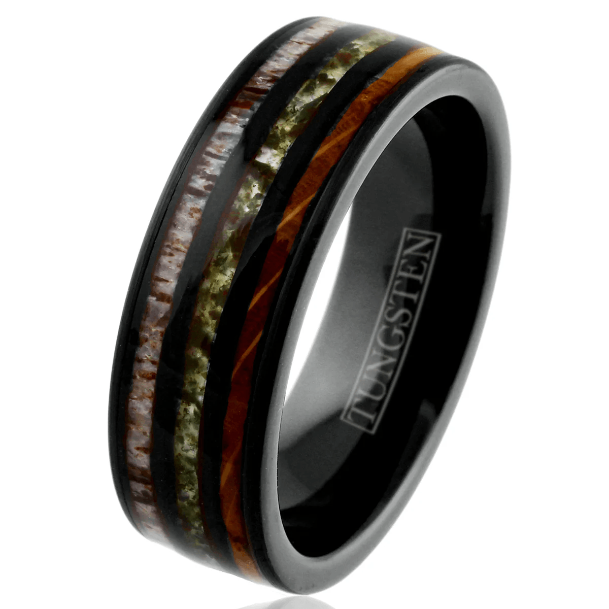 Moss Agate Wedding Band Ring for Men Black Tungsten Carbide Whiskey Barrel Oak Wood and Deer Antler Inlays - Jewelry Store by Erik Rayo