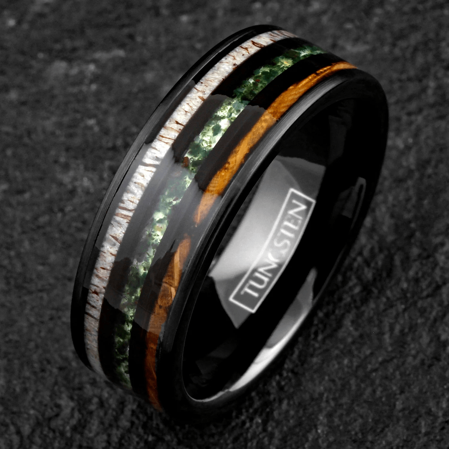 Moss Agate Wedding Band Ring for Men Black Tungsten Carbide Whiskey Barrel Oak Wood and Deer Antler Inlays - Jewelry Store by Erik Rayo