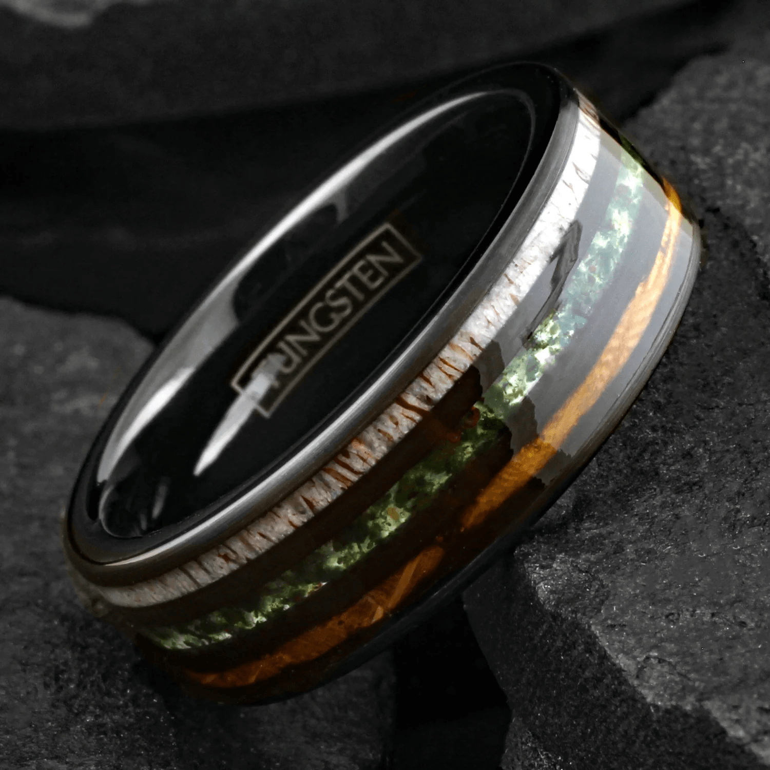 Moss Agate Wedding Band Ring for Men Black Tungsten Carbide Whiskey Barrel Oak Wood and Deer Antler Inlays - Jewelry Store by Erik Rayo