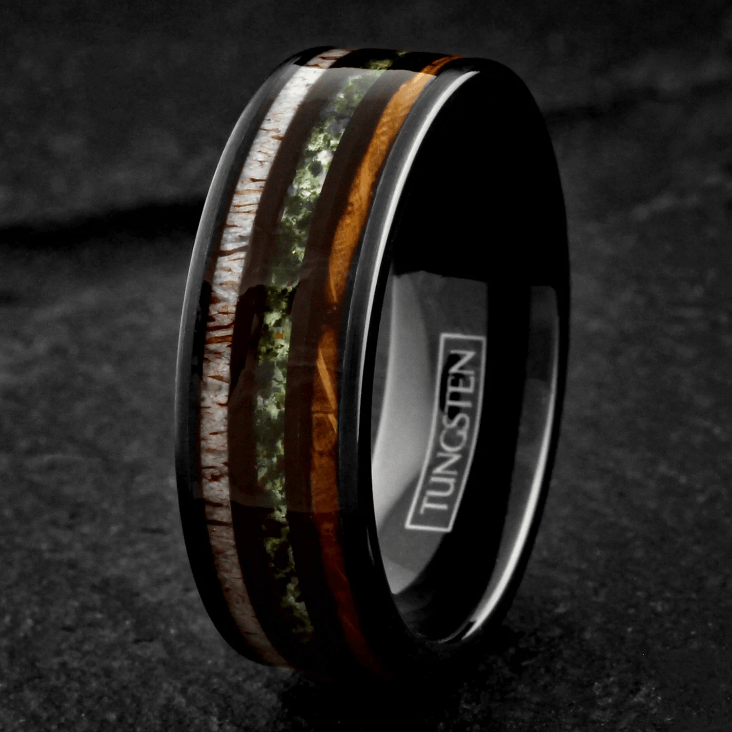 Moss Agate Wedding Band Ring for Men Black Tungsten Carbide Whiskey Barrel Oak Wood and Deer Antler Inlays - Jewelry Store by Erik Rayo