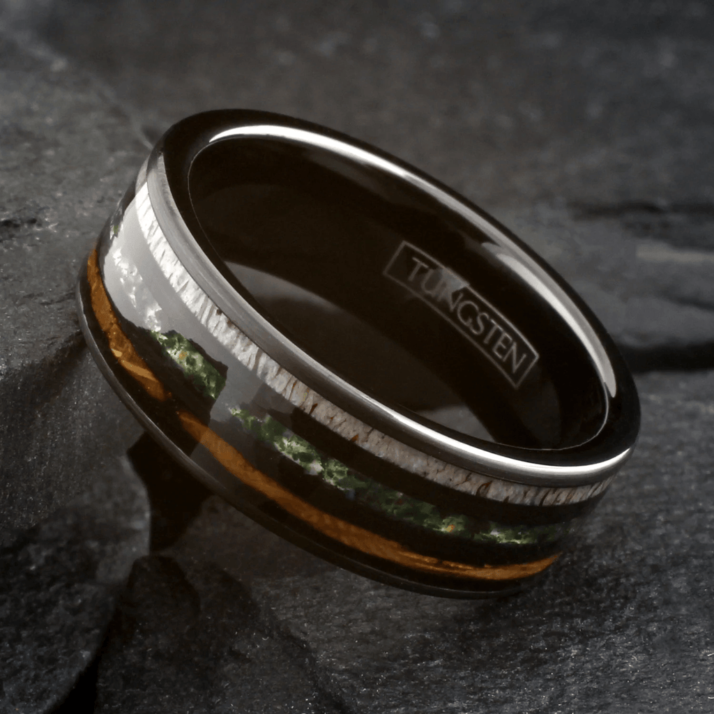 Moss Agate Wedding Band Ring for Men Black Tungsten Carbide Whiskey Barrel Oak Wood and Deer Antler Inlays - Jewelry Store by Erik Rayo